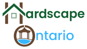 Hardscape Ontario Logo having pool, patio/deck symbols with soil, grass and pool water colours