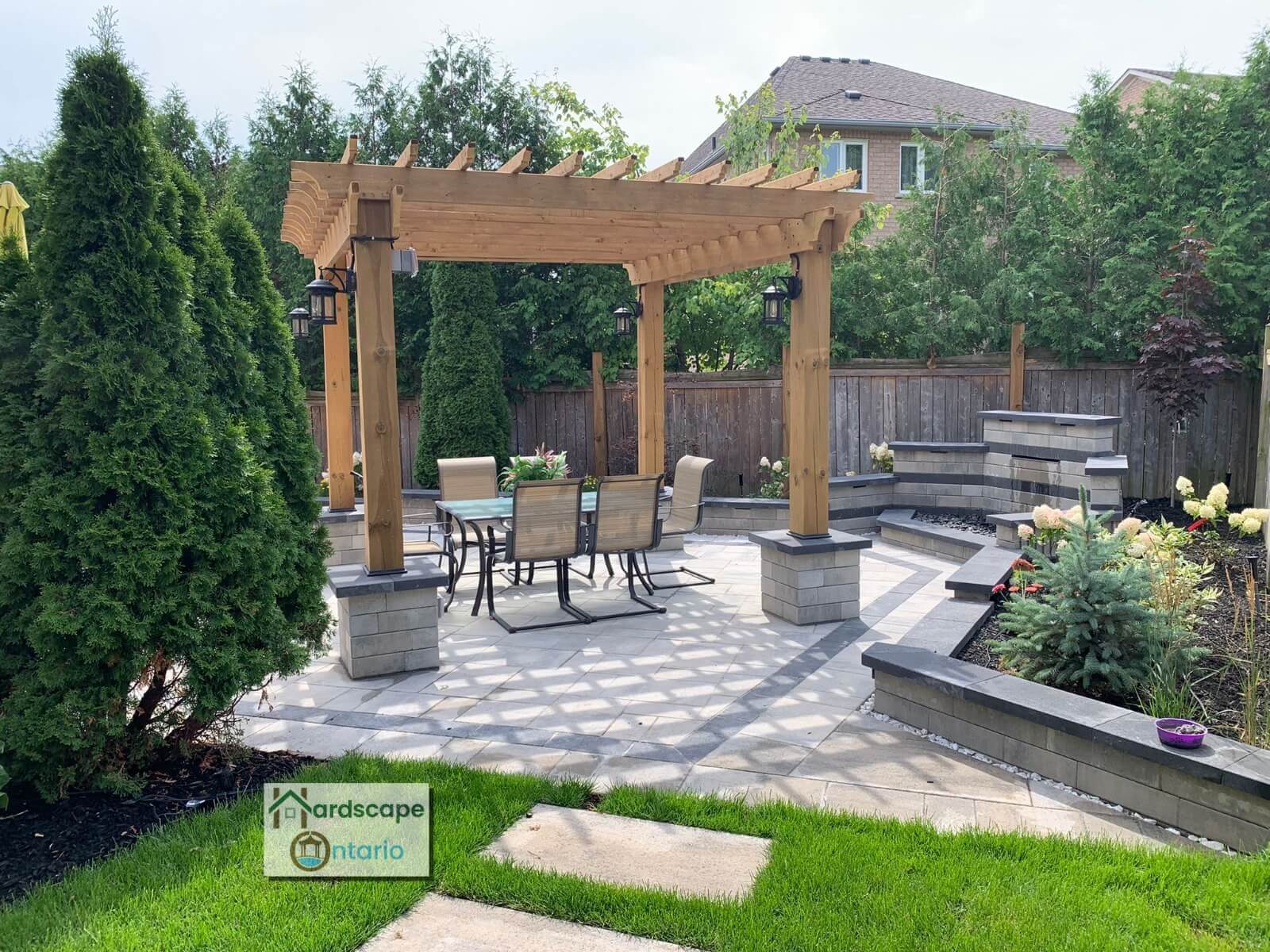Beautifully designed backyard interlocked patio with a gazebo