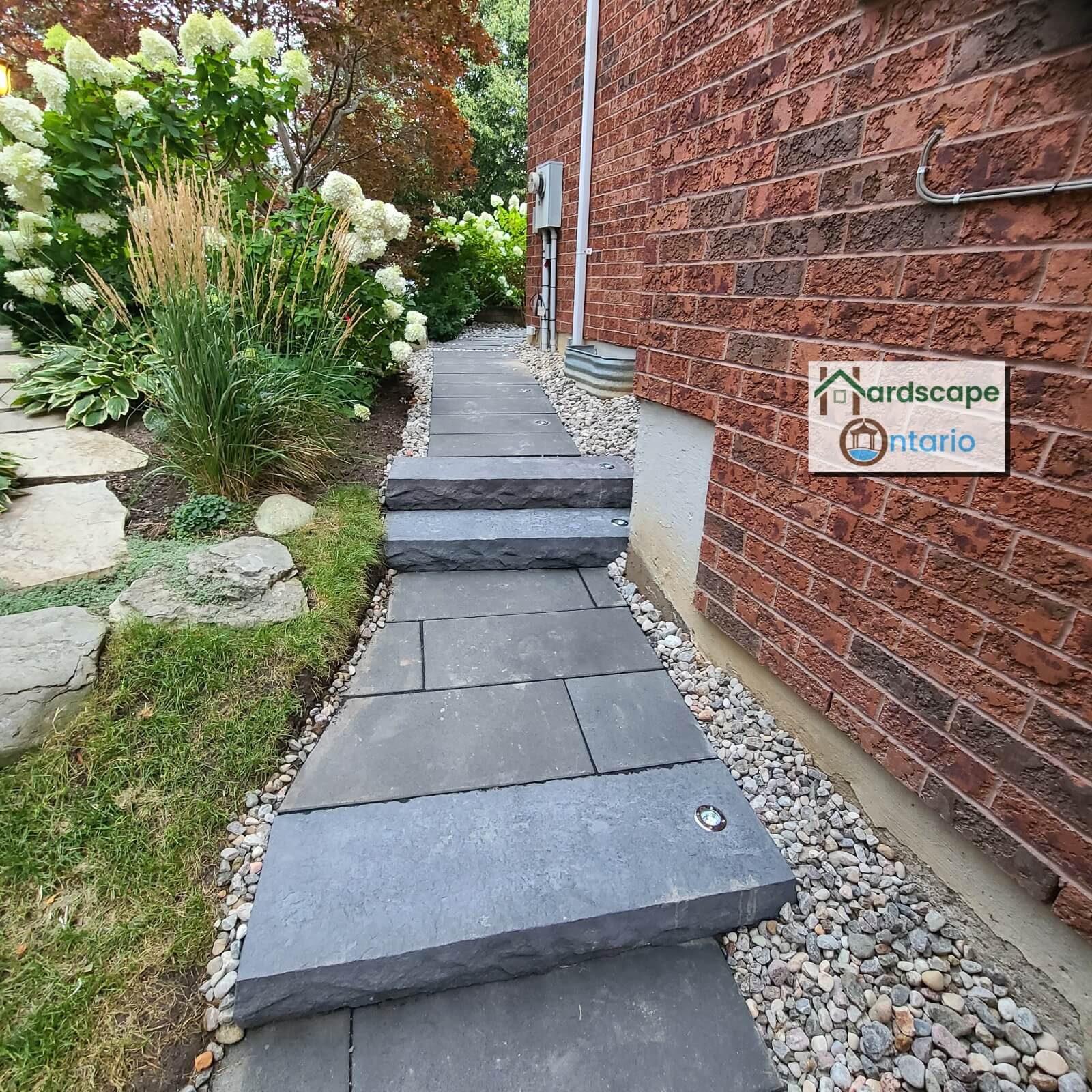 Natural stone steps & walkway with lights